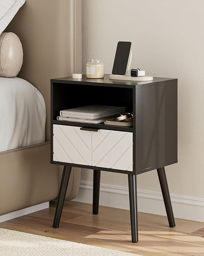 Nightstand,Bedside Table with Gold Frame, Black Night Stand, Modern Bedside Furniture,End Table with Drawer and Shelf for Bedroom,Living Room