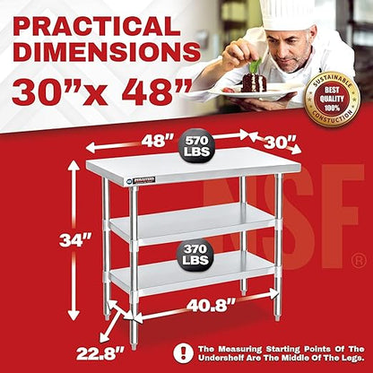 DuraSteel Food Prep Stainless Steel Table - 30 x 48 Inch Commercial Metal Workbench with Adjustable Under Shelf - NSF Certified - for Restaurant, Warehouse, Home, Kitchen, Garage