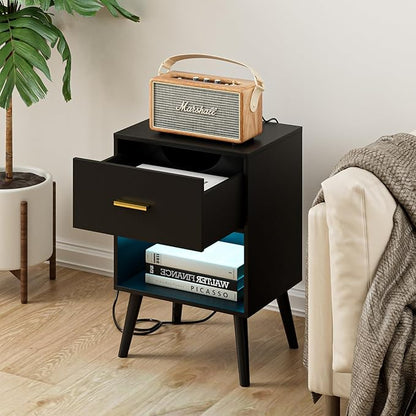 Nightstand with Charging Station and LED Lights, Small Side Table, Bedside Table with Drawer, Modern Night Stand, End Table for Bedroom, Living Room (Black)