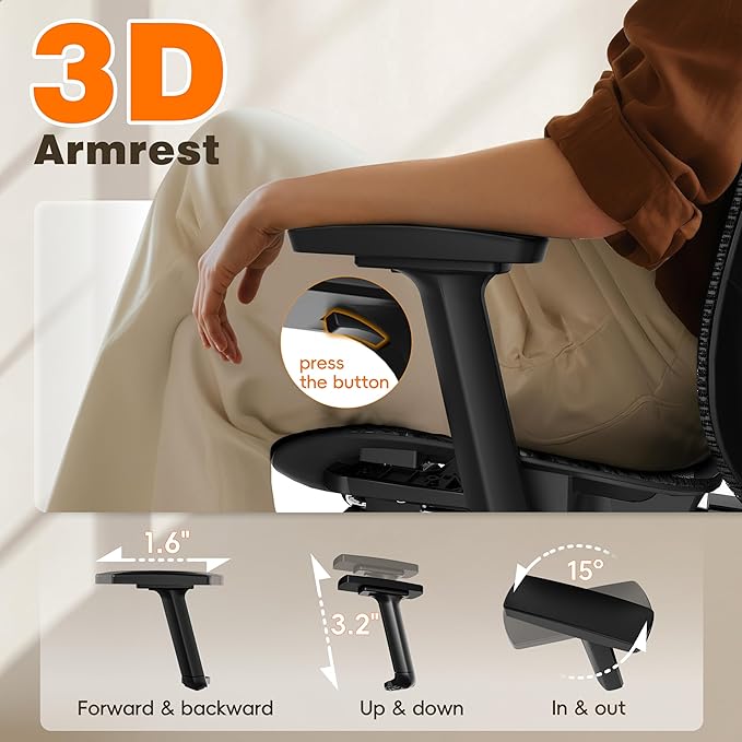 GABRYLLY Ergonomic Office Chair with Adjustable Lumbar Support, 3D Armrests & Headrest, 135° Reclining Chair with Footrest & Large Steel Base,300LBS Swivel Desk Chair(GYMN01)