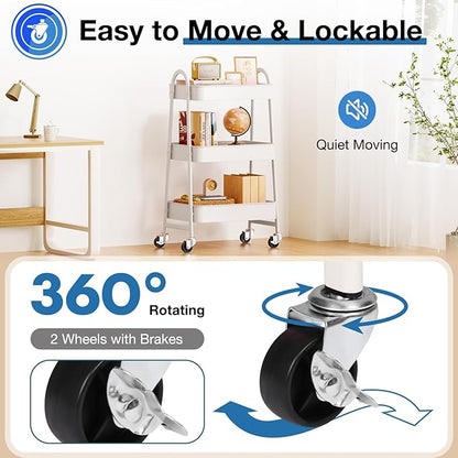 OLIXIS 3 Tier Utility Rolling Cart, Metal Mobile Storage Shelf with Lockable Caster Wheels, Organization for Livingroom, Bathroom, Kitchen, & Narrow Places, White