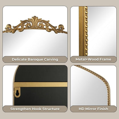 Large Ornate Gold Antique Mirror 40” x 30”, Vintage Wall Mirror with Gold Beaded Arch Frame, Dresser Mirror for Dining Room,Living Room, Sofa Wall, or Hallway Decor