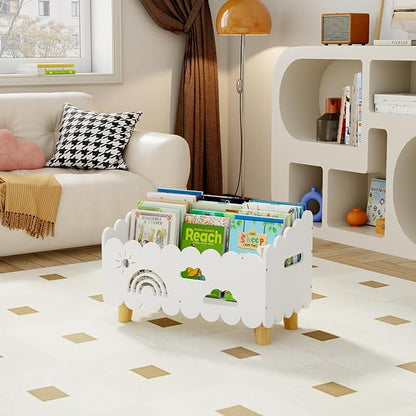 Wood Kids Bookshelf, Montessori Bookshelf, With 2 Adjustable Dividers, Suitable Kids Rooms, Nursery & Classroom, Kids Bookshelf And Toy Storage, Toddler Book Rack, Nursery Book Shelves, (White) big