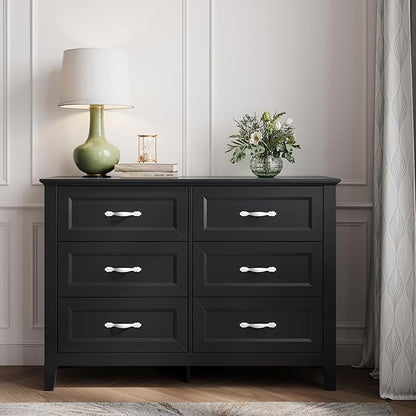 LINSY HOME 6 Drawers Dresser for Bedroom, 47" Wide Wooden Storage Chest with Antique Handles, Modern Farmhouse Dresser TV Stand with Wood Legs for Closet, Living Room, Hallway, Black