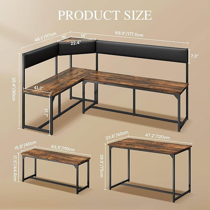 DWVO 3-Piece Dining Table Set for 4-6 People 47.2" Corner Dining Room Table with Left Seat Corner Bench and 43.3" Bench Brown Industrial Kitchen Table for Breakfast Nook Kitchen Living Room Restaurant