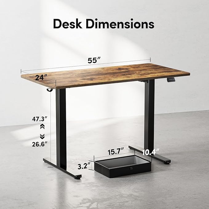 BANTI 55x24 Inches Electric Standing Desk with Drawer, Adjustable Height Sit Stand Desk, Stand Up Home Office Desk, Ergonomic Computer Desk, Rustic Brown