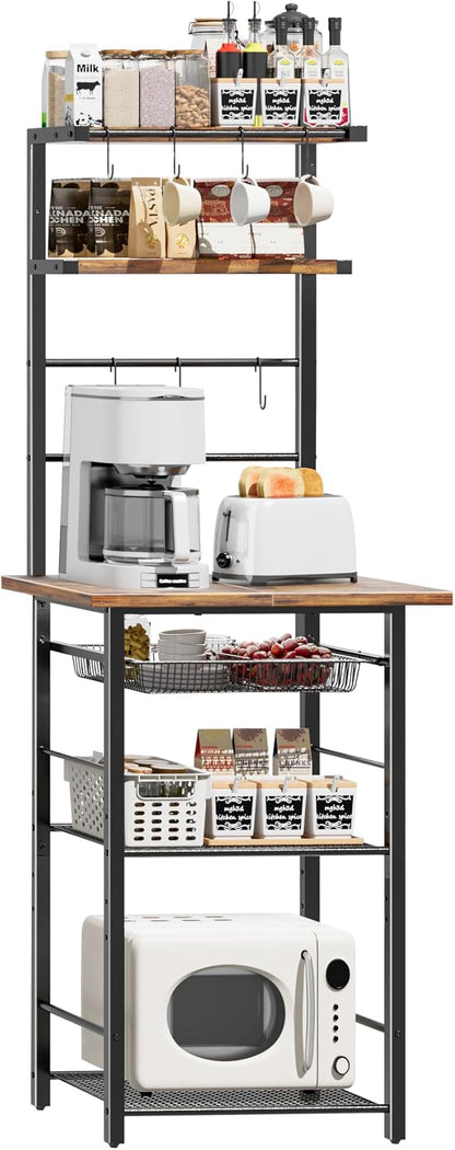 Kitchen Bakers Rack, 6-Tier Microwave Stand with Storage, Multifunctional Coffee Bar with Mesh Basket, Tall Utility Kitchen Storage Shelf, 5 Hooks, Easy Assembly, Rustic Brown