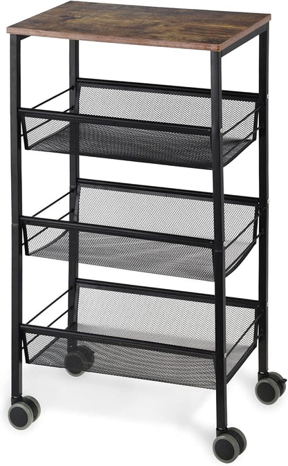 LIANTRAL Rustic Kitchen Storage Cart, 4 Tier Kitchen Cart on Wheels, Metal Mesh Storage Pantry Cart with Lockable Wheels, Wood Look Top and Metal Frame.