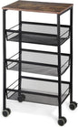 LIANTRAL Rustic Kitchen Storage Cart, 4 Tier Kitchen Cart on Wheels, Metal Mesh Storage Pantry Cart with Lockable Wheels, Wood Look Top and Metal Frame.
