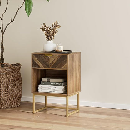 Masupu Nightstand,Modern Night Stand Boho Farmhouse Wood Bedside Table with Storage Drawer Side End Table for Bedroom,Living Room,Office,Walnut Brown