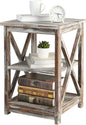 MyGift 24 Inch Tall End Table, Rustic Torched Solid Wood Living Room Accent Side Table with 3 Tier Display Shelf, Wooden X Design Bedroom Nightstand Square Storage Shelves