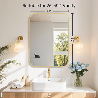 22x30 Inch Gold Bathroom Mirror, Brushed Gold Metal Framed Rectangular Mirror with Rounded Corner, Bathroom Vanity Mirror for Bedroom or Living Room, Horizontal/Vertical