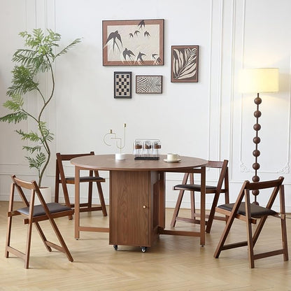 Walnut Round Folding Dining Table with 6 Chairs, Walnut Solid Wood Folding Chair Set of 2, Space Saving Foldable Dining Table with 6 Chairs