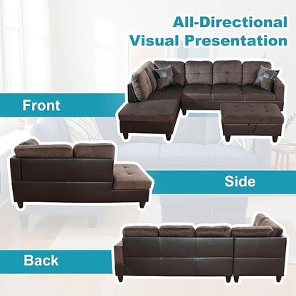 L Shaped Couch Upholstered Flannel Fabric 3 Pieces Sofas for Living Room with Chaise, Storage Ottoman for Office and Small Apartment, Dark Brown