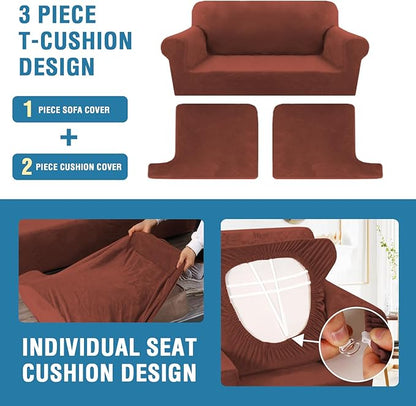 H.VERSAILTEX Sofa Cover 3 Piece T Cushion Sofa Slipcovers Thick Velvet Couch Cover Stretch T Cushion Sofa Covers for 2 Cushion Couch with 2 Individual T Cushion Covers Washable, Rust