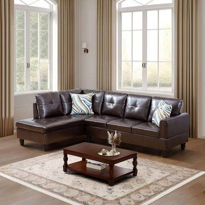 Brown L-Shaped 3-Piece Faux Leather Sofa with Storage Ottoman Set, Sectional Couch Sofa Set for Living Room, Office, Small Space