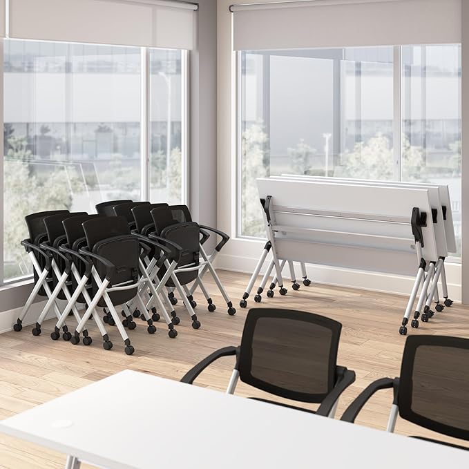 Bush Business Furniture Folding Training Table Set for 2, 60 inch Desk with Powered Grommets and 2 Chairs with Arms, Commercial-Grade Bundle for Office or Classroom, Envision Collection, White