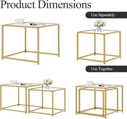 Garden 4 you Coffee Table Set of 2, Modern Patterned Glass Nesting Table, Metal Frame Square Center Table Set, Side Tables, Nesting Coffee Table for Living Room, Bedroom and Small Spaces, 23.6in Gold