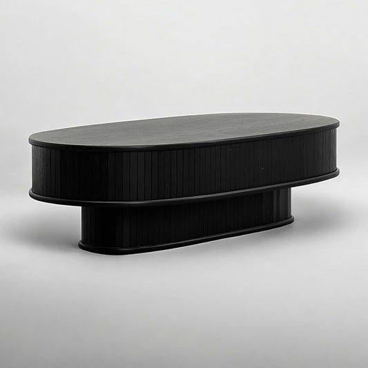 NTC Stream DOU Coffee Table, Modern Double-Layer Oval Wooden Center Table with Vertical Groove Design, Stylish Living Room Decor, Contemporary Minimalist Style, Easy Assembly - Burnt Black