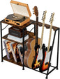 Hosfais 3 Tier Record Player Stand, Guitar Stand for Acoustic, Electric Guitar, Bass Stand, Vinyl Record Storage Up to 200 Albums for Living Room Bedroom, Rustic Brown