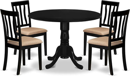 East West Furniture DLAN5-BLK-C 5 Piece Dining Room Table Set Includes a Round Kitchen Table with Dropleaf and 4 Linen Fabric Upholstered Dining Chairs, 42x42 Inch, Black