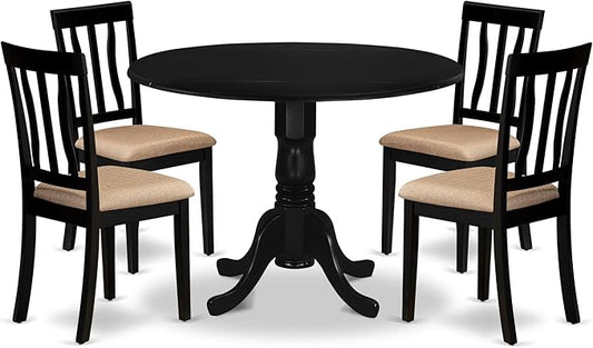 East West Furniture DLAN5-BLK-C 5 Piece Dining Room Table Set Includes a Round Kitchen Table with Dropleaf and 4 Linen Fabric Upholstered Dining Chairs, 42x42 Inch, Black