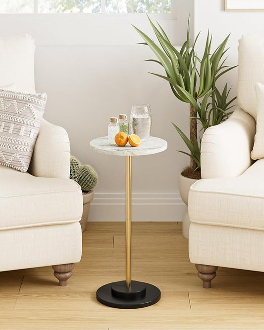 Round Side Table, Small Drink Table for Small Spaces, Modern Accent End Table Coffee Table with Metal Leg for Living Room, Bedroom, Corners, and Office (Marble)