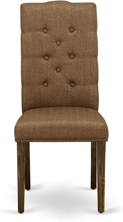 East West Furniture F3EL7-718 7 Piece Kitchen Table Set Consist of a Round Dining Table with Pedestal and 6 Brown Linen Linen Fabric Parsons Dining Chairs, 48x48 Inch, Distressed Jacobean