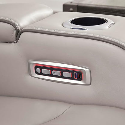 Signature Design by Ashley Boyington Contemporary Leather Match Power Reclining Loveseat with Console and USB Charging Ports, LED Lights and Adjustable Headrest, Light Gray