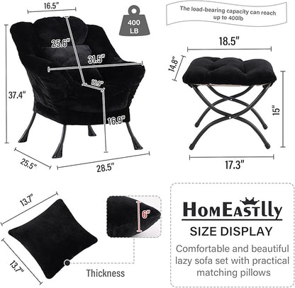 Lazy Chair with Ottoman, Reading Chair with a Pillow, Leisure Sofa Armchair with Ottoman, Large Accent Lounge Chair for Bedroom, Living Room, Dorm Room, Plush Black