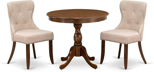 East West Furniture AMSI3-AWA-04 3 Piece Dining Set for Small Spaces Contains a Round Kitchen Table with Pedestal and 2 Light Tan Linen Fabric Parson Chairs, 36x36 Inch, Walnut