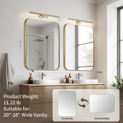 Gold Bathroom Mirror, 24x32 Inch Aluminum Frame Rectangle Mirror, Anti-Rust, Tempered Glass, Wall Mirror for Over Sink, Vanity, Bedroom, Entryway, Horizontal/Vertical