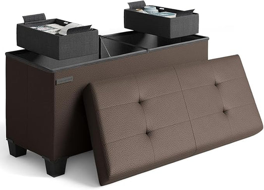STORAGEBUD Storage Ottoman Bench with Bins, 30-in Storage Bench for Bedroom End of Bed, Folding Foot Rest Ottoman for Living Room Max 660lbs, Faux Leather Ottomans, Brown