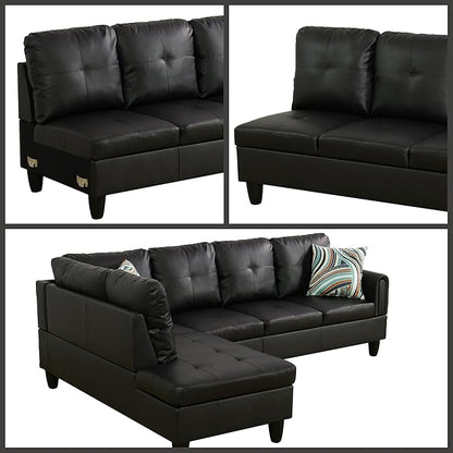 L Shaped Couch Sectional Couches with Chaise, 3 Pieces Modular Convertible Sofa for Living Room Furniture Sets and Small Apartment Faux Leather, Black