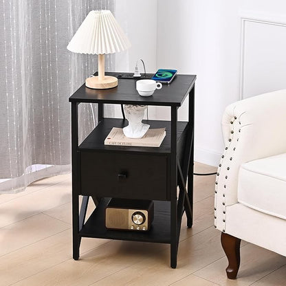 End Table with Wireless Charging Station, Black Side Tables Living Room with Outlet, End Table with Wood Drawer, Night Stand with Storage for Bedroom, Bedside Tables