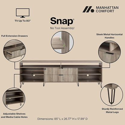 Manhattan Comfort Dumbo Mid Century Modern TV Stand for Televisions up to 80 Inches, Home Entertainment Center with Storage, 6 Shelves, 2 Drawers, No Tool Assembly, 85" Wide, Golden Brown