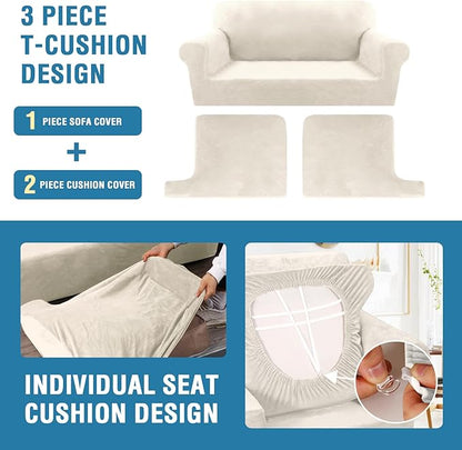 H.VERSAILTEX Sofa Cover 3 Piece Loveseat Slipcovers Thick Velvet Couch Cover Furniture Protector Stretch Sofa Covers for 2 Cushion Couch with 2 Individual T Cushion Covers Washable, Ivory