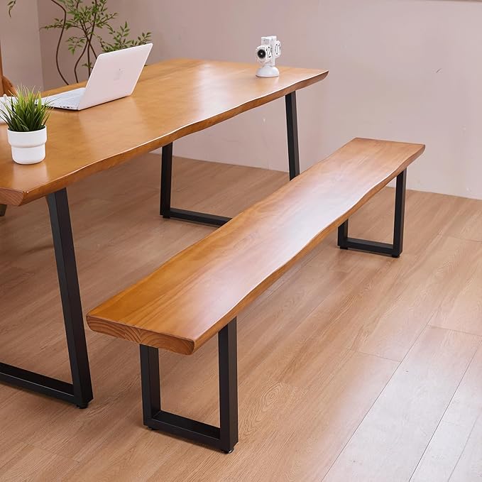 Durable Solid Wood Top Bench with Sturdy Metal Legs – Versatile Dining & Office Seating - Multi-Size Options Ideal for Living Room, Dining Room, and Home Office(Dark yellowbench, 70.87in)
