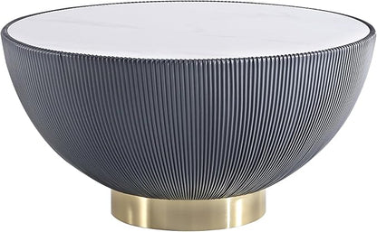 Manhattan Comfort Anderson Modern 28.15" Round Coffee Table 2.0 - Ceramic Marble Tabletop, Elegant Pleated Leatherette Details & Gold Base, Fully Assembled Accent Furniture, Set of 1, Grey