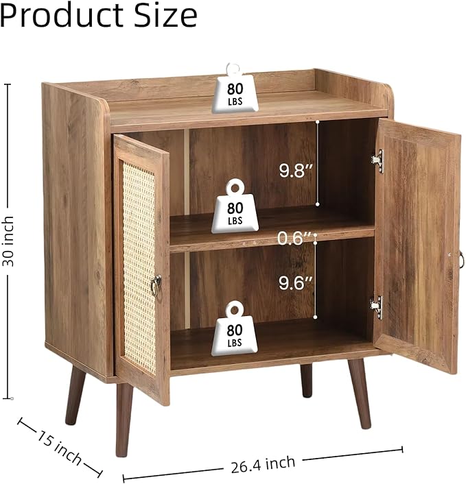 Buffet Cabinet, Rattan Storage Cabinet with Round Pull Rings, Sideboard with Ample Storage, Bar Liquor Shelf with 2 Doors for Living Room, Hallway, Light Brown