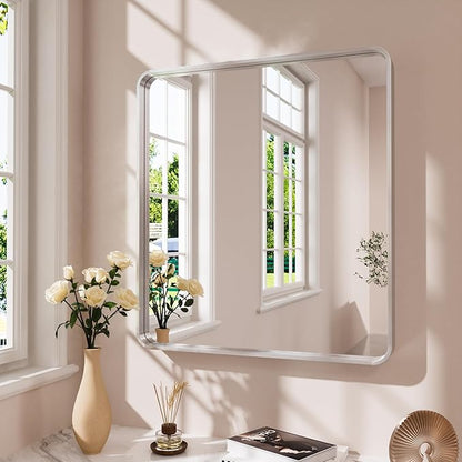 Brushed Nickel Bathroom Mirror 36x36 Inch, Brushed Silver Metal Frame Mirror Wall Mounted, Rounded Bathroom Vanity Mirror, Tempered Glass, Anti-Rust, Horizontal/Vertical