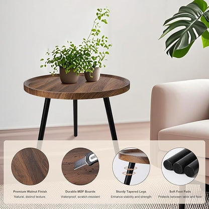 Nesting Coffee Table Set of 2, Modern Round Coffee Tables Nesting Side Table Set, Easy Assembly Nesting Tables for Living Room, Walnut Wood End Tables for Home Office Yard