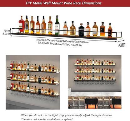Wall-Mounted Metal Wine Rack with LED Lights 3-Tier Floating Bar Shelves with Wine Glass Rack Large Wine Bottle Display Rack Hanging Shelf, for Home Bar Dining Room Decorative (Black, 120cm/47.2in)