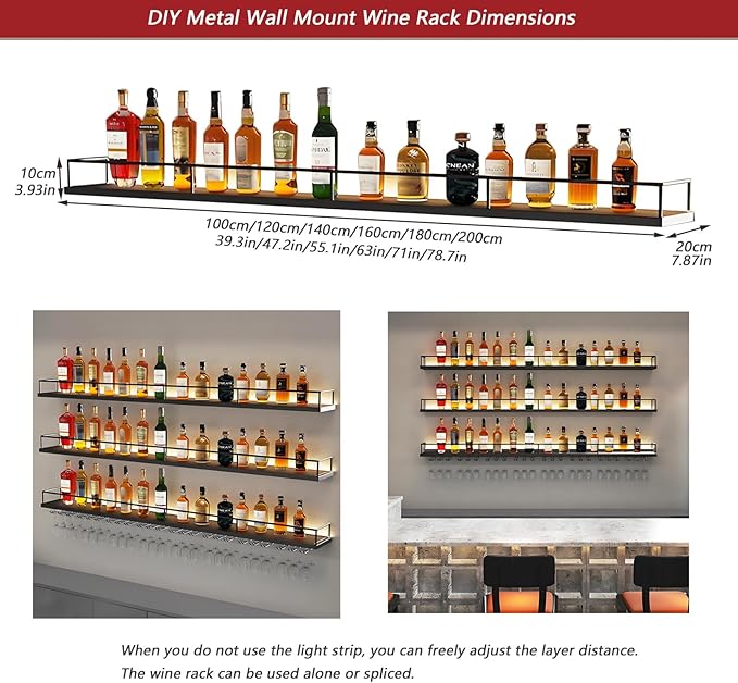 63in Wall-Mounted Metal Wine Rack with LED Lights 3-Tier Floating Bar Shelves with Wine Glass Rack Large Wine Bottle Display Rack Hanging Shelf, for Home Bar Dining Room Decorative (black, 160cm/63in)