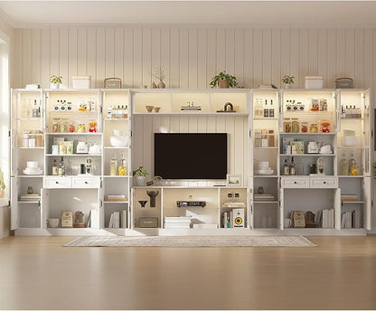 4-Piece Wall Unit TV Stand with Storage & LED Lights for TVs up to 75", Modern Entertainment Center with Bookshelves & 8-Door Pantry Cabinet, White