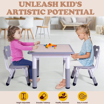 Kids Table and 2 Chairs Set, Height Adjustable Toddler Study Table and Chair Set, Kid Size for Ages 3-8 Children, Graffiti Desktop, Easy to Wipe/Arts & Crafts, Homes/Classrooms/Daycare (Grey)