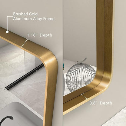 48x30 Inch Gold Bathroom Mirror for Wall, Brushed Brass Metal Framed Gold Vanity Mirror, Rounded Rectangle Golden Mirror, Shatterproof, Anti-Rust (Horizontal/Vertical)