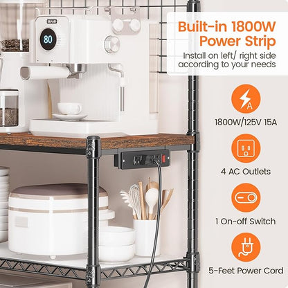 Leteuke Bakers Rack with Power Outlet & Storage, 36 Inch Microwave Stand Kitchen Cart, 4-Tier Metal Kitchen Shelves Cart with Wheels & 20 S-Hooks for Kitchen, NSF Certified, 63 x 18 x 36 Inch-Black