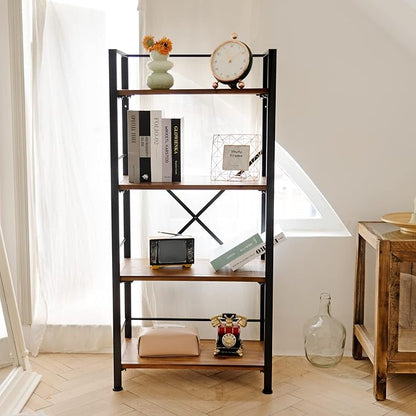 Crofy Rustic Bookshelf, 4 Tier Real Wood Bookshelf, Metal Book Shelf for Storage, Black Bookcase, 12.6" D x 23.62" W x 50.39" H
