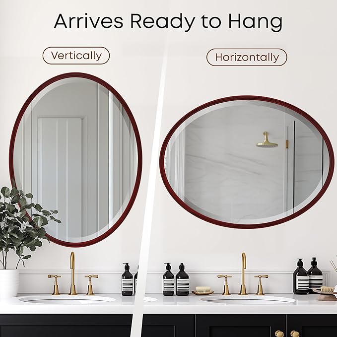 OVALCREST - Oval Wooden Beveled Wall Mirror for Home Decor, Bathroom, Vanity, Bedroom, Living Room, Hallway - London Style (Black Cherry) 25.1 x 37.1